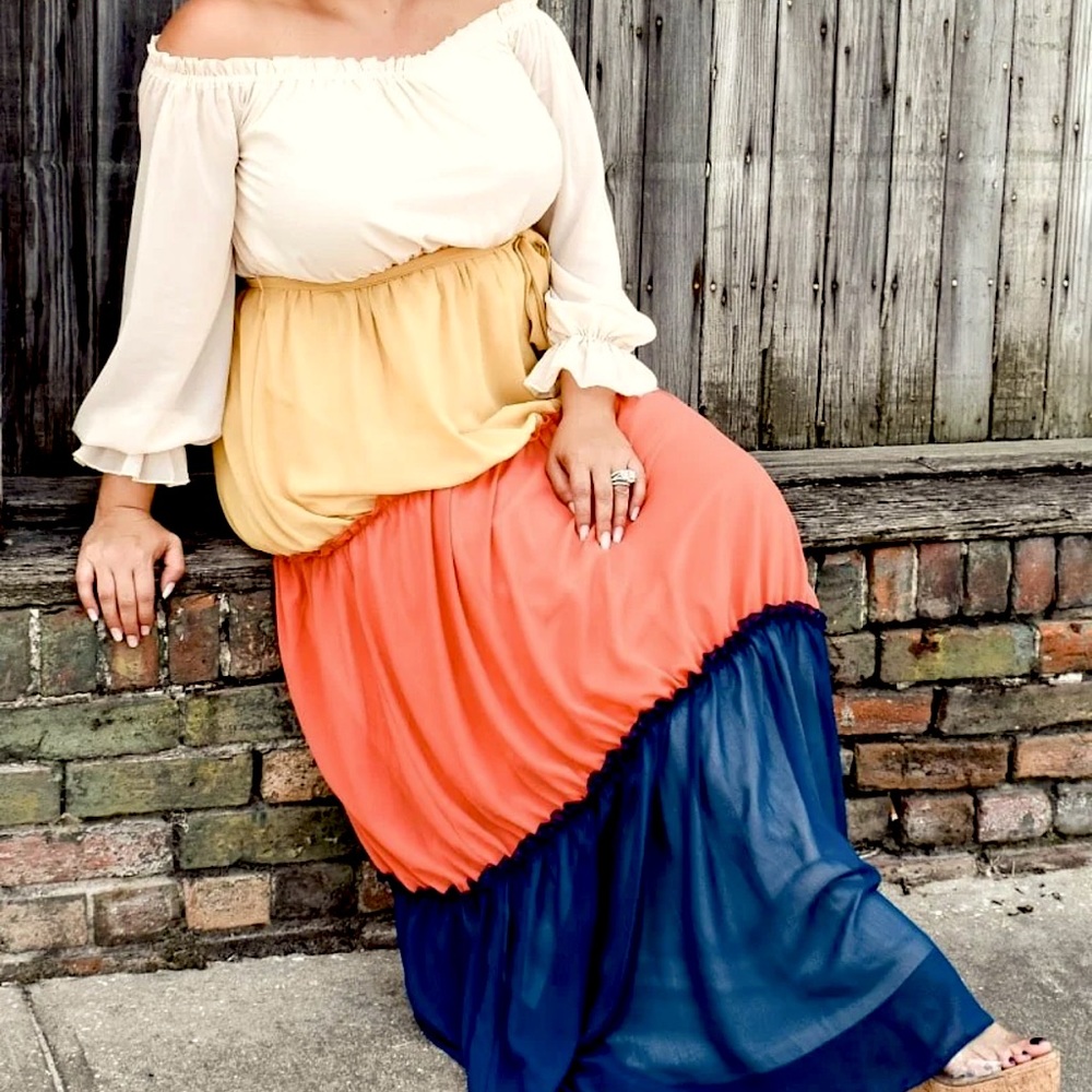 Perfectly Priscilla Boutique off the shoulder Maxi tiered Color block Dress